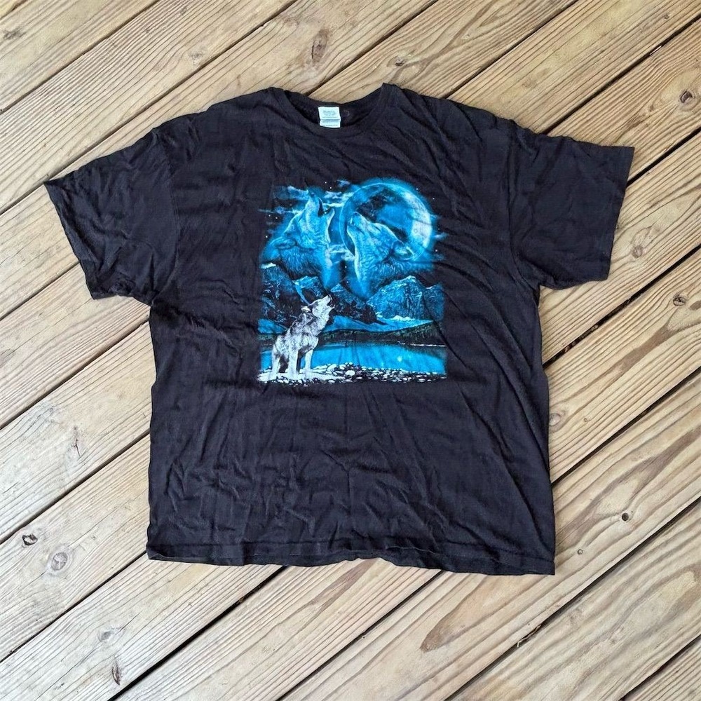 Vintage Delta Pro Weight‎ Men's 2XL Black Graphic T-Shirt Wolf Howling
